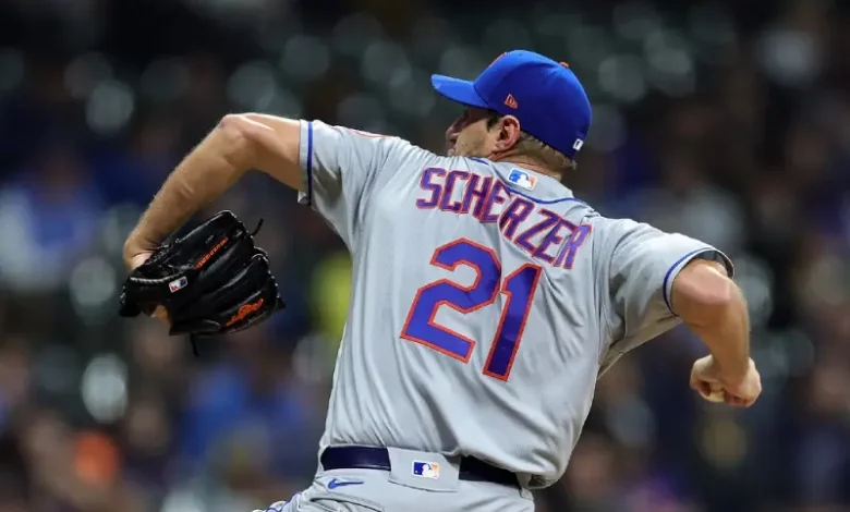 Max Scherzer #21 of the New York Mets throws a pitch during a game against the Milwaukee Brewers at American Family Field on April 04, 2023 in Milwaukee