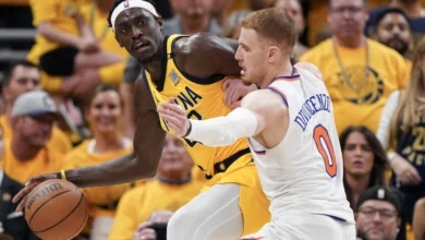 Pascal Siakam #43 of the Indiana Pacers dribbles the ball against Donte DiVincenzo #0