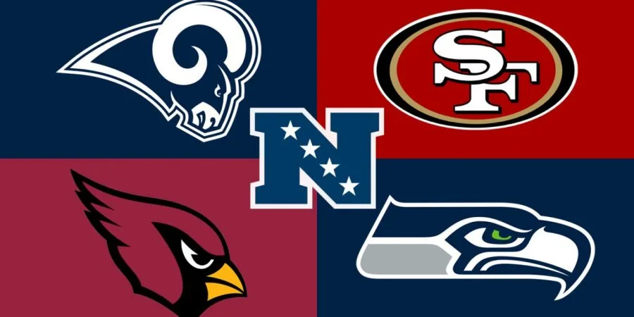 NFC West division featuring 49ers Seahawks Rams Cardinals team logos