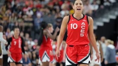 Kelsey Plum #10 of the Las Vegas Aces reacts after getting fouled in the third quarter of a game against the Indiana Fever at T-Mobile Arena on July 02, 2024 in Las Vegas, Nevada. The Aces defeated the Fever 88-69.