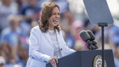 US Vice President Kamala Harris speaks during her and Governor Tim Walz presidential campaign rally at the High Country in Wisconsin, United States on August 7, 2024