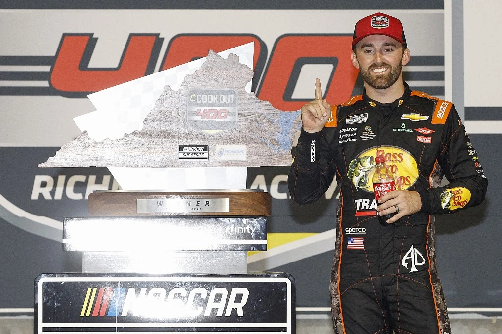 Austin Dillon, driver of the #3 Bass Pro Shops Chevrolet, celebrates in victory lane after winning the NASCAR Cup Series Cook Out 400 at Richmond Raceway on August 11, 2024 in Richmond, Virginia