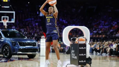 Kelsey Mitchell #0 of the Indiana Fever competes in the Kia Skills Challenge ahead of the 2024 WNBA All-Star Game at Footprint Center on July 19, 2024 in Phoenix, Arizona