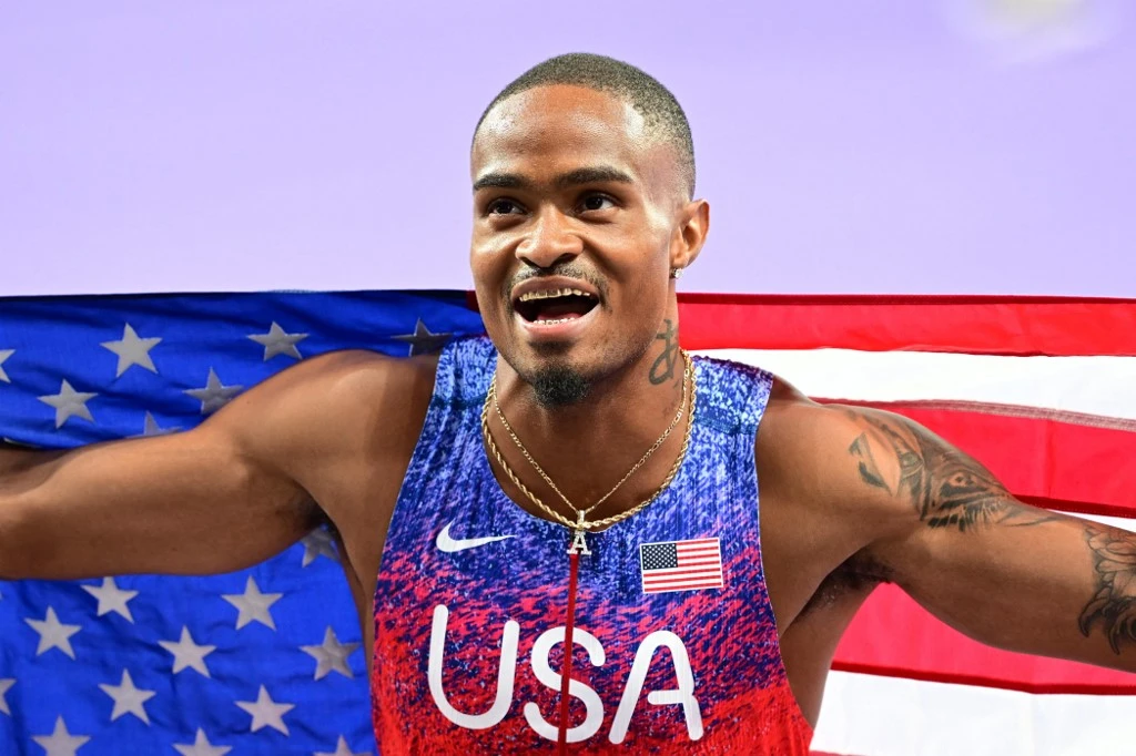 Quincy Hall of US celebrates after completing Men's 400m Final on the first place during day twelve of the Olympic Games Paris 2024 at Stade de France in Paris, France on August 7, 2024.